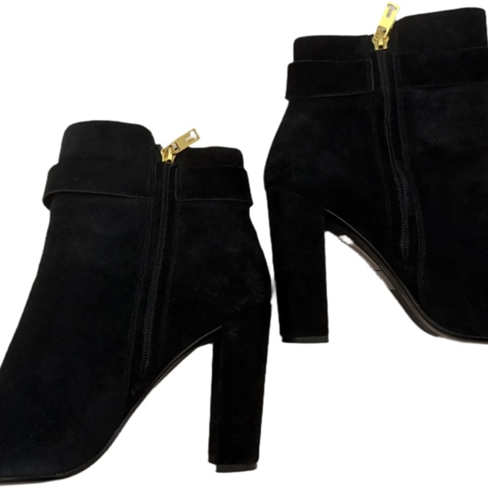 Ted Baker London Sailly Ribbon Suede Gold Accent Block Heel Booties Size 8 - Picture 4 of 7
